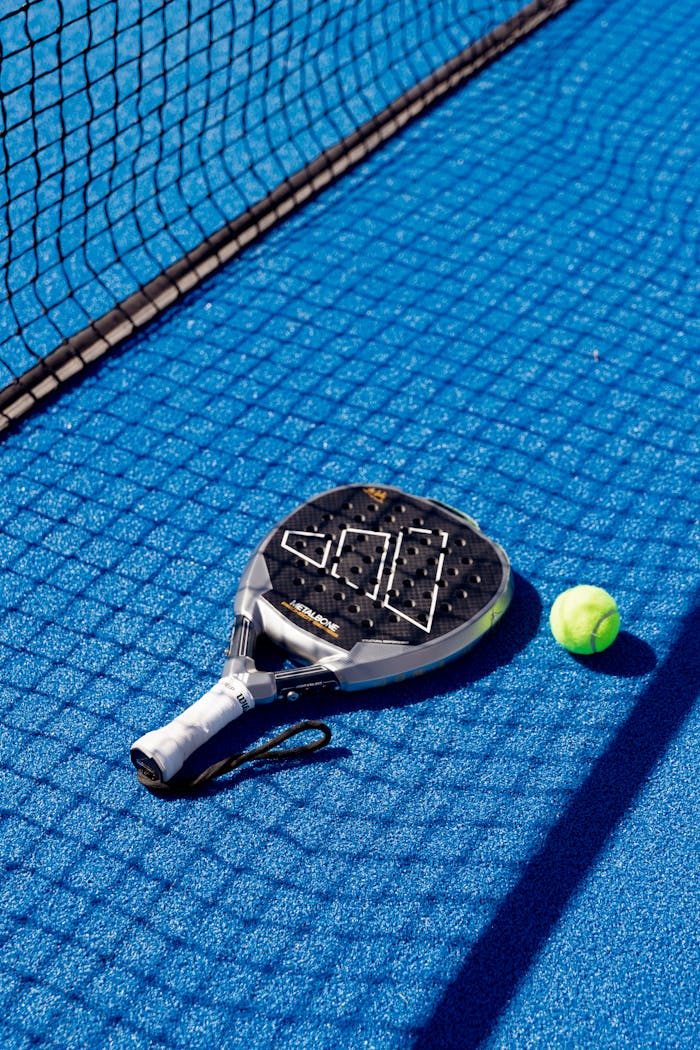Padel racket and ball resting on a vibrant blue court, next to a net, under bright daylight.