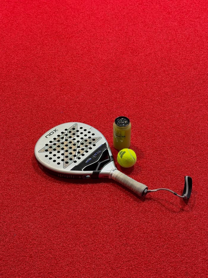 Padel racket, tennis ball, and drink can on a vivid red sports court, top view.