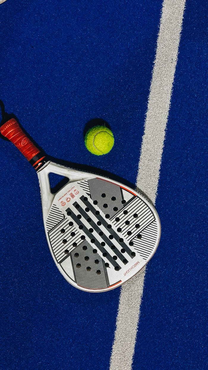 A padel racket and ball on a vibrant blue court background.