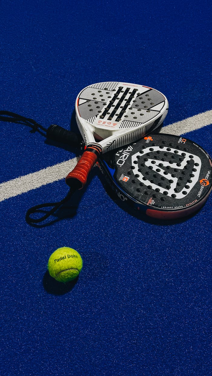Padel rackets and ball on blue textured court, highlighting equipment for the sport.
